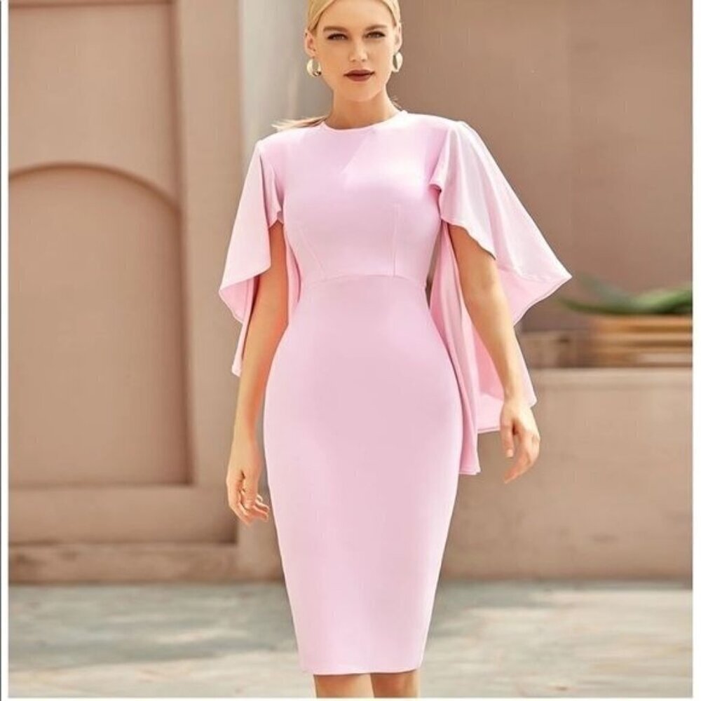 Blush Pink Cape Sleeve Bandage Bodycon Midi Dress Back Slit M